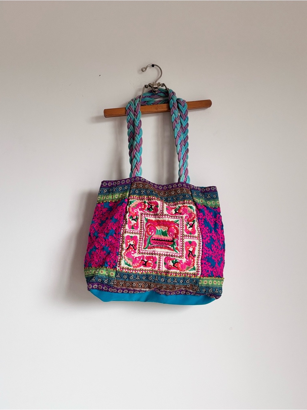 Boho Embroidered Hmong Tribal Tote Bag Braided Rope Straps Bright Turquoise Pink